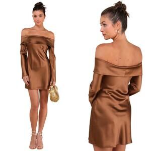Lulu's Copper Satin Off-Shoulder Mini Dress